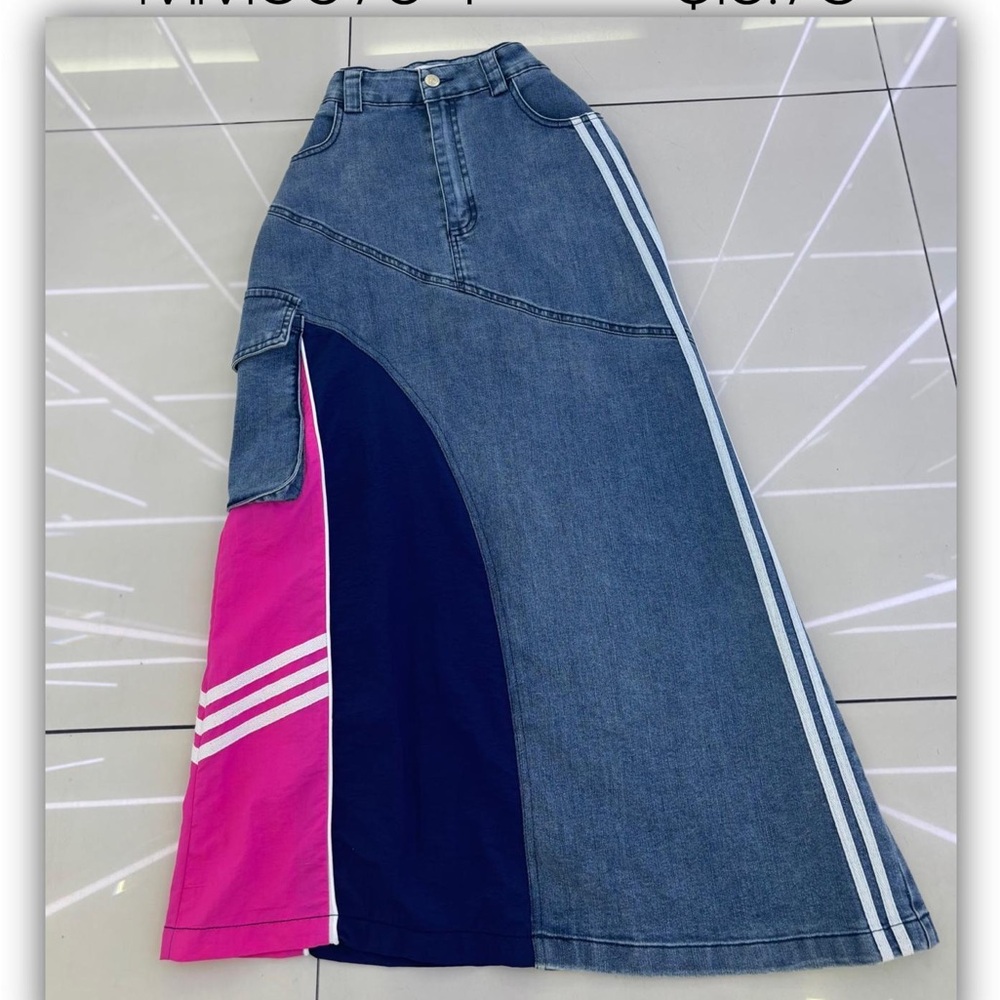 Colorblock Denim Maxi Skirt with Pink and Blue Panels